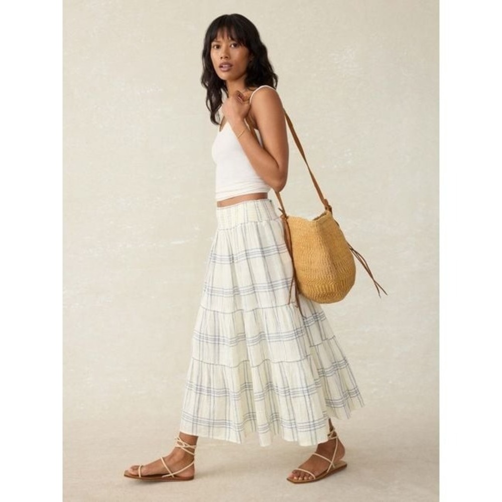 Faherty Women Small Dune Organic Cotton Gauze Woodstock Skirt Ivory Blue Plaid - Picture 3 of 12